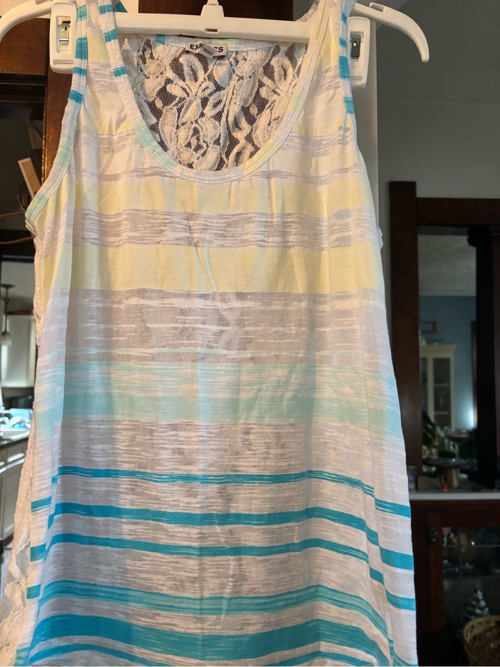 Express Striped Lace-Back Tank Top - White, Teal & Pale Yellow